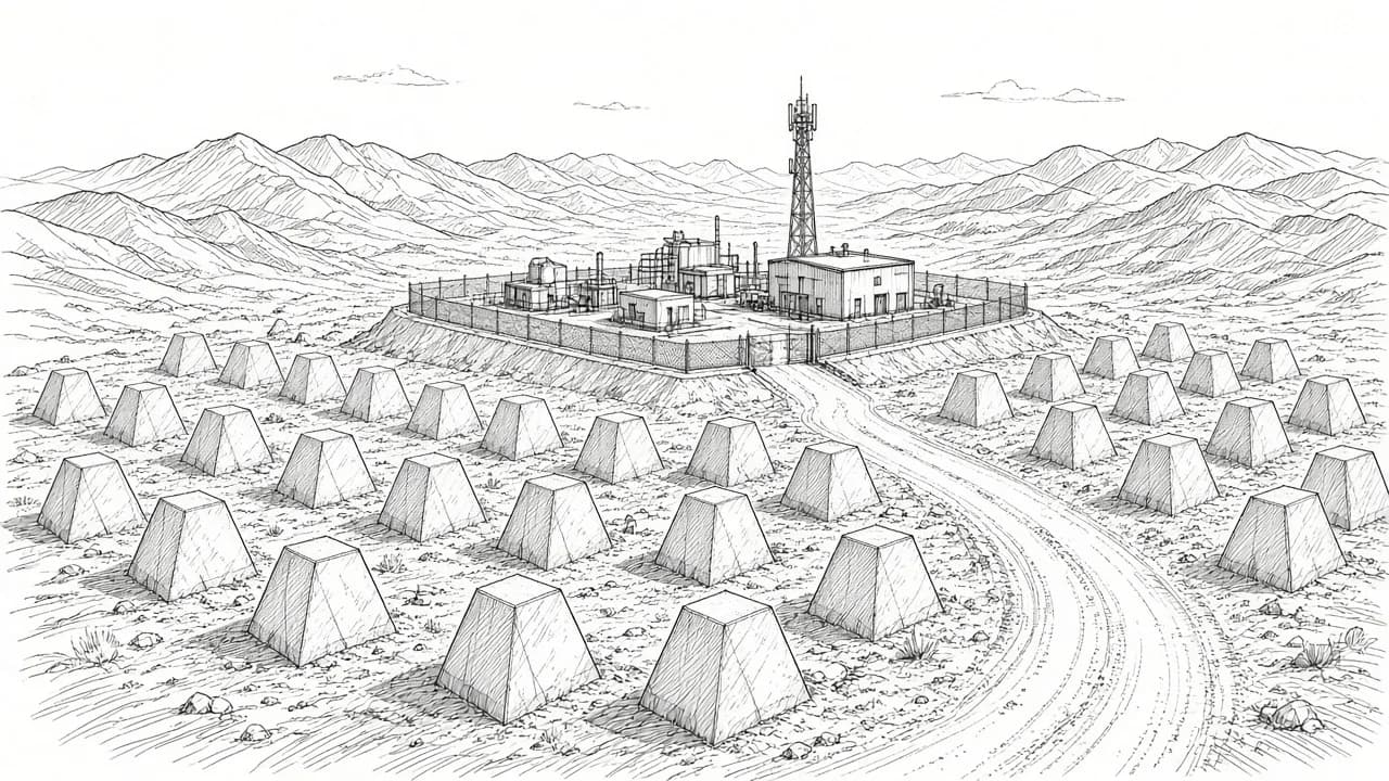 Field of concrete dragon's teeth around a remote compound (concept rendering)