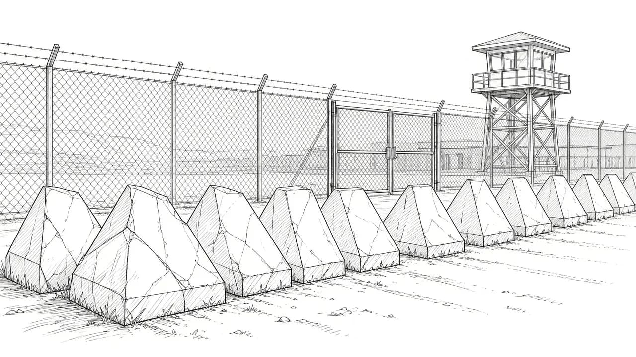 Row of concrete dragon's teeth along a roadside shoulder (concept rendering)