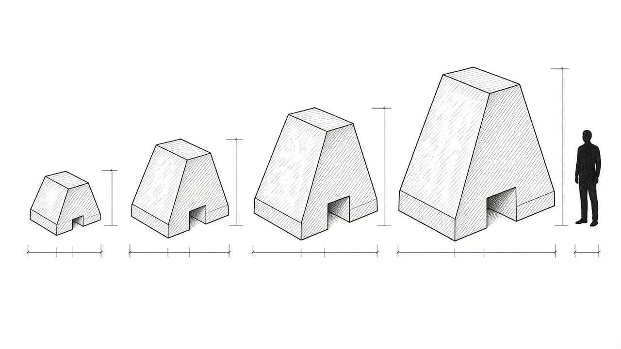 Size lineup of concrete barrier units beside a human silhouette for scale (concept rendering)